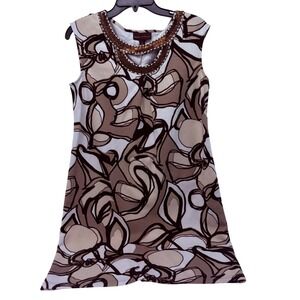 Dana Buchman Womens Brown Abstract Floral Beaded Neck Shift Dress Size 6